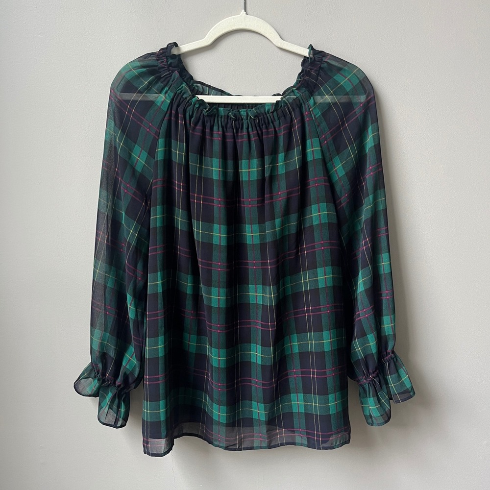 Talbots Top Women's Large Plaid Hunter Green Navy Blue Chiffon Ruffles Office